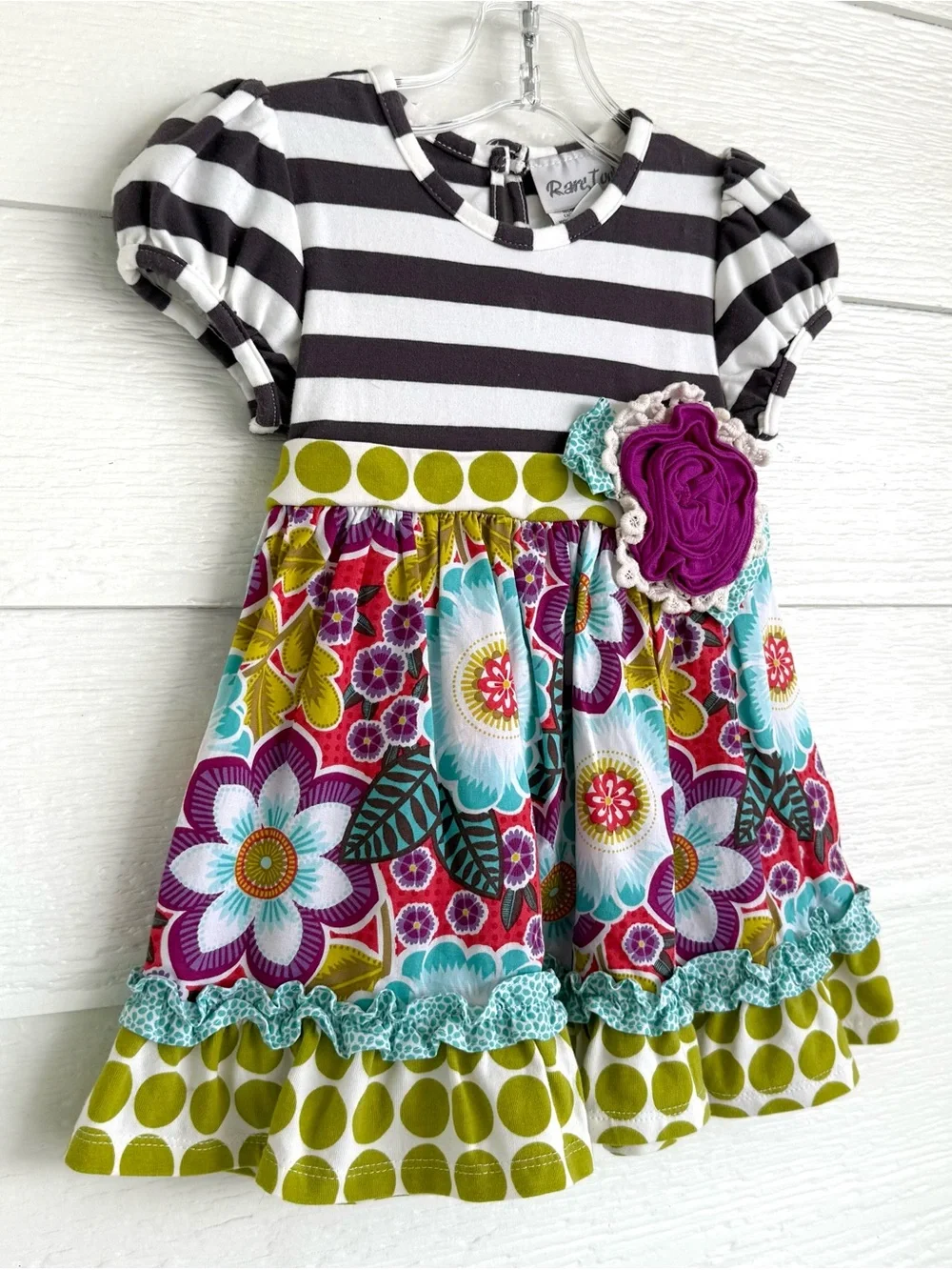 Rare, Too! 3T Girls Striped Floral Tunic & Legging Set - Gray, White, Plum, Lime